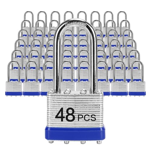 Padlocks with Same Key, LQYN 48 Pcs Laminated Keyed Padlock (1-9/16", 40mm), Keyed Alike Locks, Long Shackle, for Storage Locker, Hasp Latch, Toolbox, Sheds