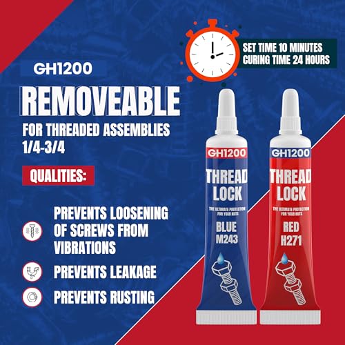 GH1200-6gx2 Pack Thread Lock Medium and Strong Strength for Nuts, Bolts, and Metals, Threadlocker Lock Tight & Seal Fasteners with Stable and Consistent Performance