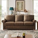 ONBRILL 84 Inches Faux Leather Sofa, Rolled Arms Couch with Brass Nailhead Trim, Classic 3-Seater Sofa with Deep Seat Cushion, Solid Wood Bun Legs, Traditional Sofa for Living Room, Farmhouse, Brown