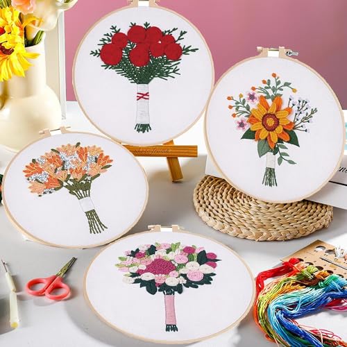 Image of TGFXA 5 Pack Beginner Embroidery Kit for Adults Spring Adult Craft Kits Cross Stitch with Flower Stamp Patterns Punch Needle Kits Adults Beginner Includes Rose Sunflower