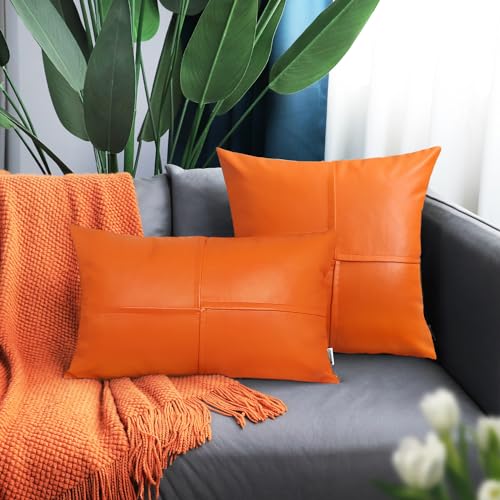 Image of BRAWARM Faux Leather Throw Pillow Covers 16 X 16 Inches, Orange Leather Pillow Covers Pack of 2, Hand Stitched Leather Decorative Throw Pillows for Couch Sofa Bed Living Room Home Garden