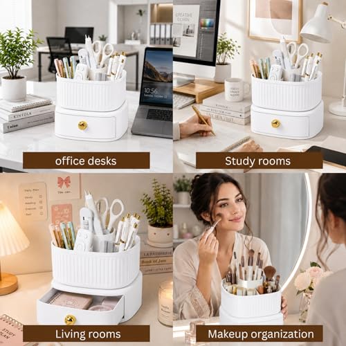 Image of KiZY Luxury 360 Rotating Makeup Brush Holder Organizer | Countertop Organizer Skincare Storage for Vanity, Desktop, Bathroom, Cosmetics | Lipstic, Eyeliners, Perfume Storage. (360 WHITE)