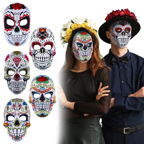 WinnerWhy 5 Pcs Day of the Dead Masks Dia De Los Muertos Masks Halloween Full Skeleton Skull Party Favors Masquerade Bones Costume Supplies for Halloween Cosplay Party