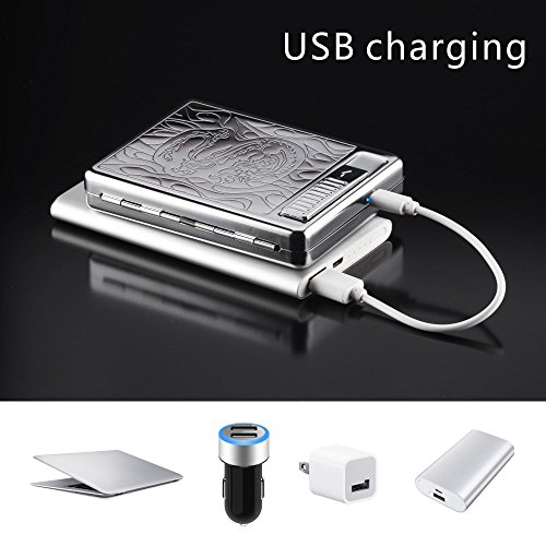 Cigarette Case with Lighter USB Lighter Cigarette Box 2 in 1 Electronic Rechargeable Flameless Windproof Lighters Hold 20pcs Regular Cigarettes (Silver Dragon)