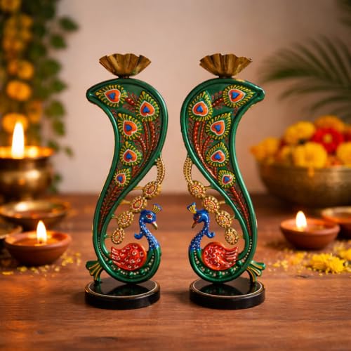 Image of CraftVatika Elegant Metal Peacock Candle Holder - Peacock Decoration Items, Perfect Home Decoration Diwali, Intricate Design Tealight Candle Holders for Home Decor, Handpainted Tealight Candle Holder