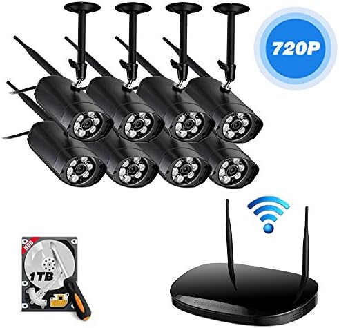 Ipccam 8PCs 720P Outdoor Bullet Camera with 8CH 1080P Output WiFi Wireless Security CCTV Surveillance System Network Video Recorder NVR Kit 25M Infrared Radiation IR Night Vision 1TB Hard Drive Black
