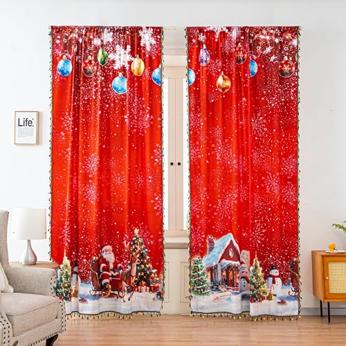 Image of Red Christmas Curtains 54 Inches Long, Santa Snowflake Light Filtering Rod Pocket Drapes with Tassel Trim for Bedroom Living Room, 2 Panels
