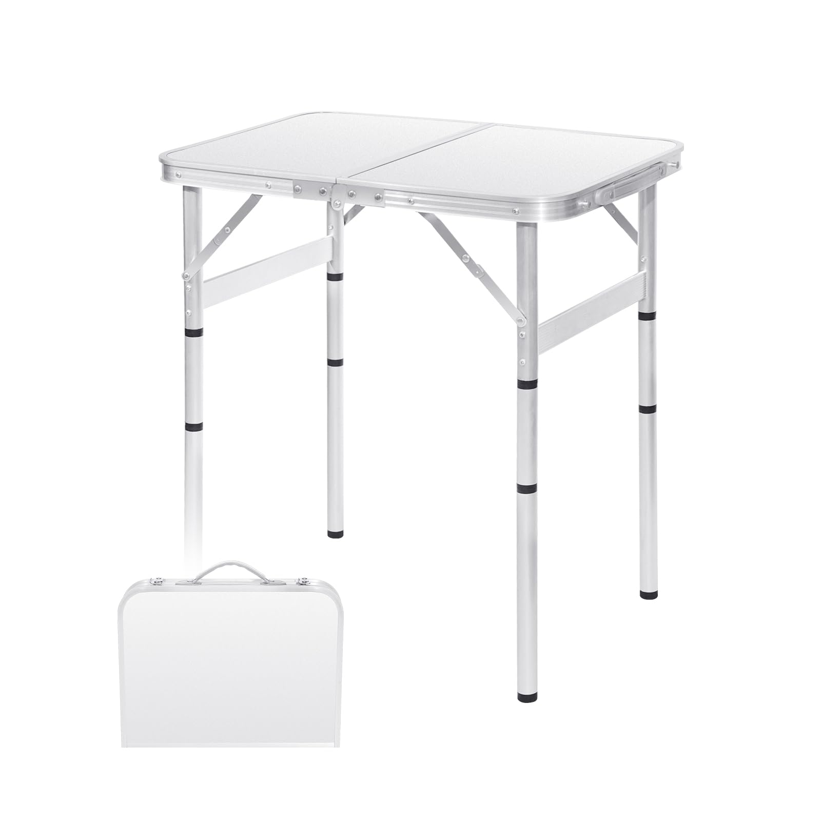 Small Folding Table 2FT 4 Height Adjustable Foldable Camping Table Portable Picnic Table Metal Outdoor for Beach BBQ RV White 23.6×15.7 inch