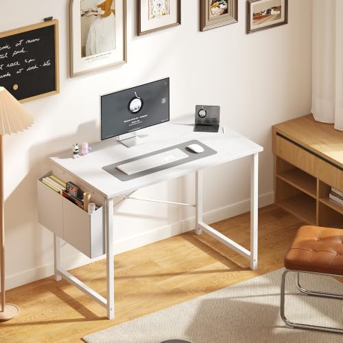Image of OLIXIS Small Computer Desk, 40 Inch Gaming Desks for Home Office | Writing Study Craft Work Table, Computer Workstation for Bedroom Small Spaces with Storage Bag, All White