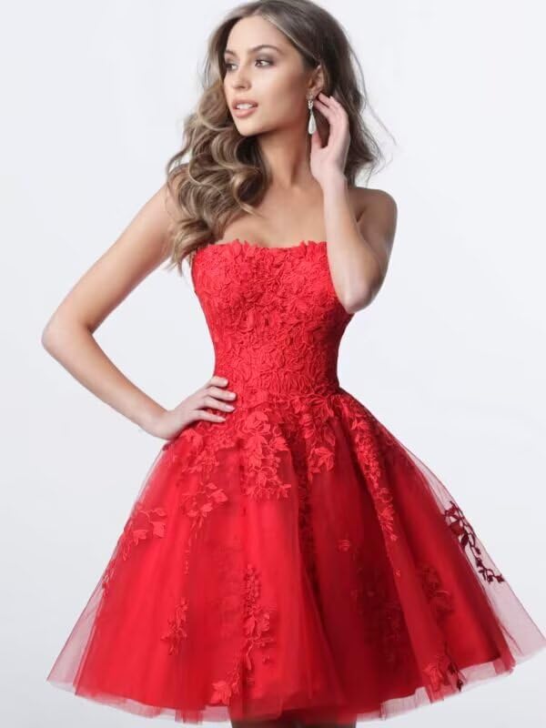 Strapless Short Homecoming Dresses for Teens Lace Applique Prom Dress Tulle A Line Formal Cocktail Dresses for Women2