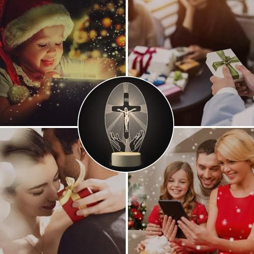 Image of 3D Illusion Lamp Jesus Cross Night Night,USB Power Warm Colors Bedside Lamp for Home Room Holiday Decor