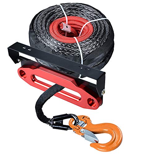 amopacorp 95 feet x 3/8 inch Synthetic Winch Rope with Black Flip-Up 254mm Hawse Fairlead Mounted License Plate Holder and Red 10