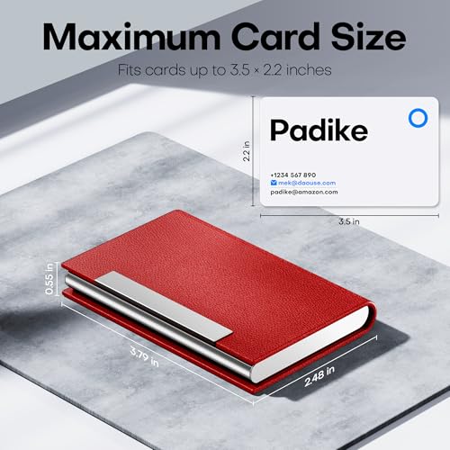 image for Padike Business Card Holder, Red Faux Leather Wallet with Stainless St