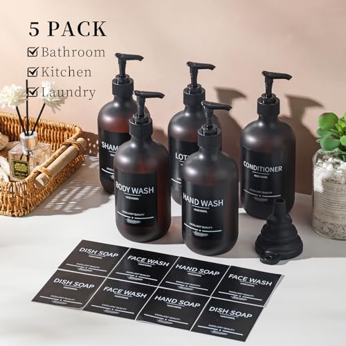 Shampoo Bottles Refillable with Pump (5Pack Matte Amber) Plastic 16.9oz Amber Reusable Shampoo and Conditioner Bottles,Bathroom Bottles with Pump and Labels2