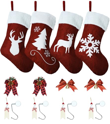 Image of Sumkita 4Pack Christmas Stockings- 18 Inches Large Size Traditional Xmas Stockings with DIY Snowman Name Tags, Christmas Decoration for Mantels Fireplace Family Party Holiday Decor Red