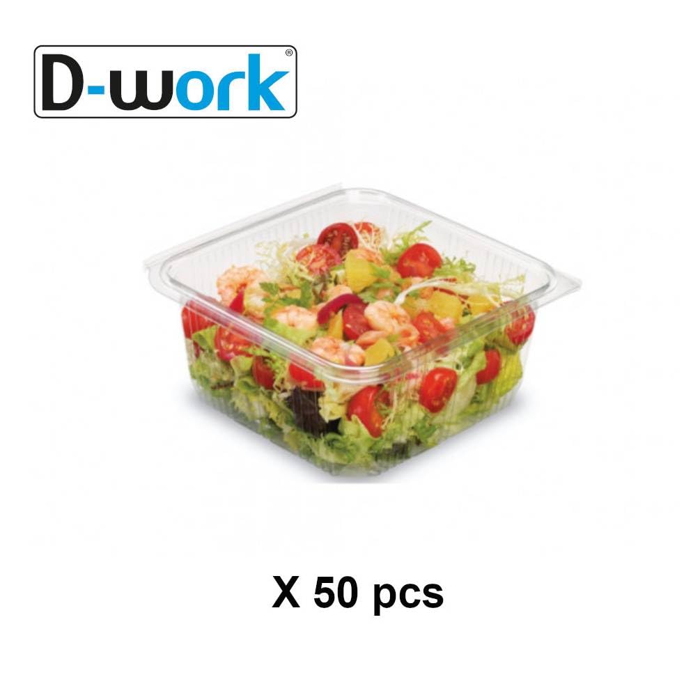 D-Work 50 Barquettes à Salade 1500 ml avec Couvercle Attenant (192x184xH.80mm) en PET Pratiques, Hermétiques et Résistantes