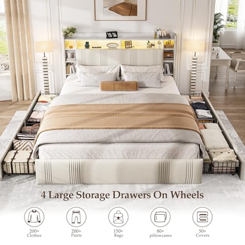 Queen Bed Frame with Storage Drawers, LED & Charging Station, Headboard, Shelf - Beige