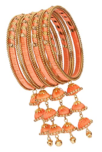 Image of NMII Metal & Silk Thread Jhumka Zircon Latkan Stylish Bangles Set For Women's and Girls | Women's Fancy Latkan Bangles Set | Ethnic Fashion Jewellery- Set of 12 Bangle, (G405 Peach-2.8(2.8))