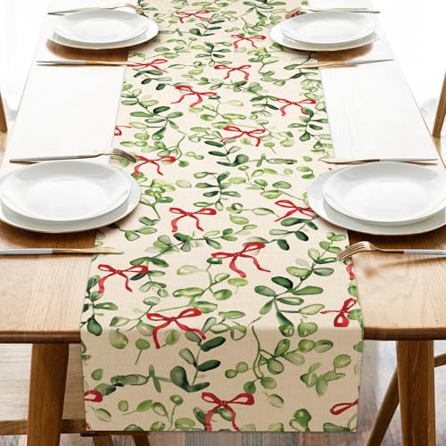 Croar Eucalyptus Leaves Red Bow Dining Table Runner, Watercolor Green Leaf Coquette Ribbon Botanical...