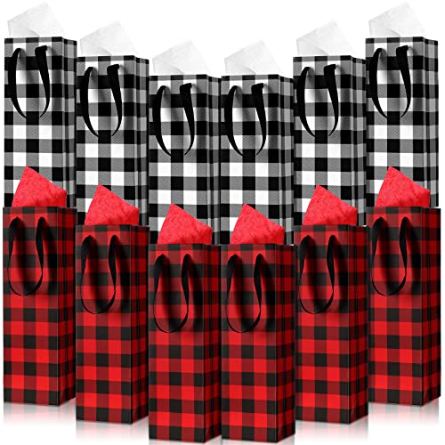 12 Pièces Sacs à Vin de Noël Sac Cadeau Vin avec Poignée Sac de Bouteille de Vin à Carreaux Buffalo Rouge Noir Blanc avec Étiquettes en Papier Kraft Papiers de Soie, 13,8 x 3,8 x 3,5 Pouces Cover
