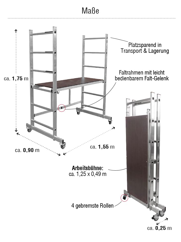 fahrbares Klappgerüst - Arbeitshöhe 2,90 m - Faltgerüst - Arbeitsgerüst mit Faltrahmen, 150 kg Belastbarkeit, aus Aluminium, für innen und außen
