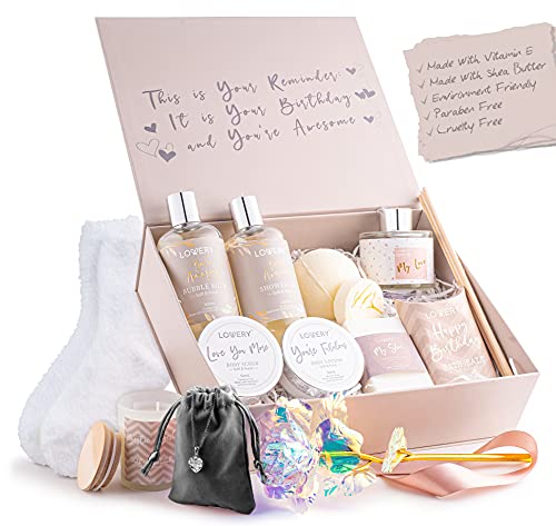Birthday Gifts For Women, Birthday Spa Gift Basket For Women, Luxury Birthday Spa Gift Box With Vit E, Rich Bath Essentials, Diffuser, Candle, Sterling Silver Cz Heart Necklace, 24K Flower Rose & More #TOP1