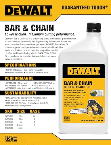 Image of DEWALT - Biodegradable Bar & Chain Oil - Green, Eco-Friendly, Non-Toxic Professional Bar & Chainsaw Lubricant (32 oz (Case of 2))
