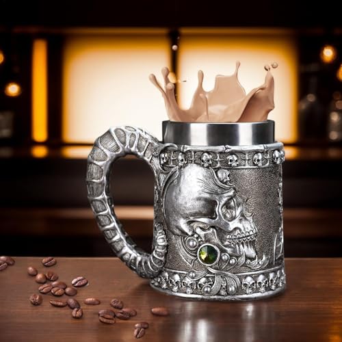 Taza de café del cráneo gótico y tazas de cerveza de acero inoxidable con asa 7