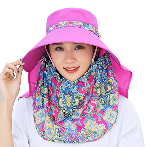 Image of Women Wide Brim Face Mask Sun Hat Detachable Neck Face Flap Ponytail UV Protection Visor Hat Garden Fishing Hiking