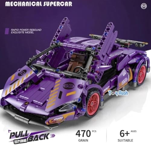 Image of 1:18 Scale Racing Pull-Back Supercar Building Blocks Set | Car Model Kit with Gold Sport Rims | DIY Construction Toy,Compatible with Major Bricks,Ideal Gift for Kids (1:18 Purple Lambo [470pcs])