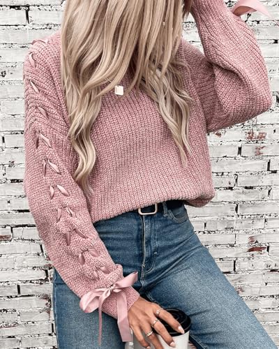 Womens Stylish Bowknot Ribbon Sleeve Chunky Cable Knit Crewneck Pullover Sweater Y2K Ribbed Knitwear Pullover3