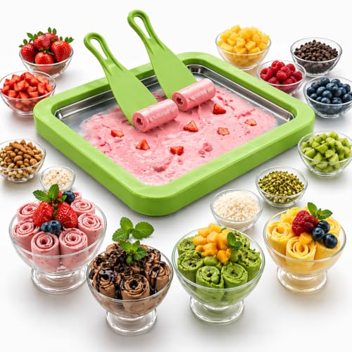 Ice Cream Roller Maker, At Home Rolled Ice Cream Maker Machine, Dairy Free & Frozen Yogurt Maker, Electric Free Countertop Ice Cream Machine with Spade for Rolls, Sorbet & Frozen Yogurt (Green)