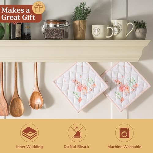 Maison d'Hermine Topflappen-Set, 100% Baumwolle, hitzebeständig, 20 cm x 20 cm, mit Schlaufe zum Grillen, Backen und Anfassen heißer Pfannen, Frühjahr Sommer (Bunny Party, 2er-Pack)
