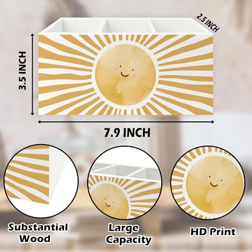 Image of Boho Yellow Sunshine Pen Pencil Holder Organizer for Desk, Cute Smile Groovy Sun Sunshine Wooden Box Signs Decorations for Kids Room Home Classroom Desk Tabletop