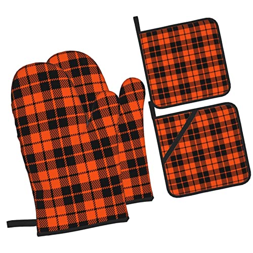 Halloween Oven Mitts And Pot Holders Sets Of 4 Orange Black Buffalo Plaid Kitchen Potholder Gloves Heat Resistant Non-Slip For Chef Baking Cooking Grilling Bbq Mittens #TOP4