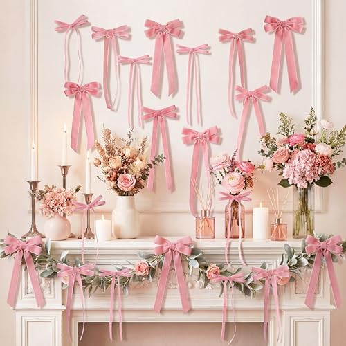 24 Pcs Pink Vintage Velvet Bows Ornaments 5x10 Inch Luxury 3 Assorted Widths for Baby Shower Bridal Christmas Birthday Valentines Day Reusable Coquette Room Wall Backdrop Photo Decor