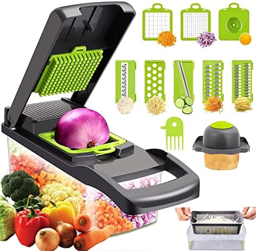 Vegetable Chopper, 12 in 1 Mandoline Slicer Food & Onion Chopper Cuber Cutter Onion Dicer, Veggie Slicer Manual for Garlic, Cabbage, Carrot, Potato, Tomato, Fruit, Salad (Green)