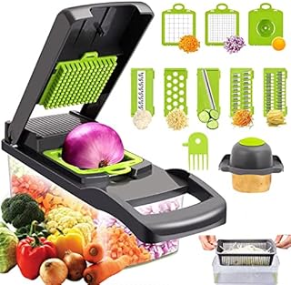 Vegetable Chopper, 12 in 1 Mandoline Slicer Food & Onion Chopper Cuber Cutter Onion Dicer, Veggie Slicer Manual for Garlic, Cabbage, Carrot, Potato, Tomato, Fruit, Salad (Green)