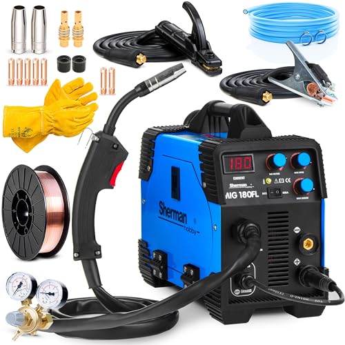 Sherman Hobby MIG 180FL - 180A poste a souder MIG avec gaz et fil fourré - sans gaz - soudure MMA : poste a souder arc - poste à souder inverter avec technologie IGBT (Basic)