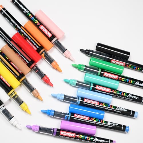 Image of Kores Acrylic Markers, Assorted Colours, Ideal for Paper, Wood, Canvas, Metal, Glass, Stone, Ceramic, Plastic, Fabric, 12 Count