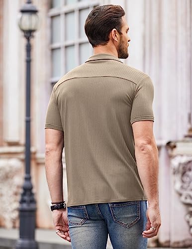 Coofandy Men Button Down Short Sleeve Shirts Cuban Collar Slim Fit Summer Shirts Khaki #TOP2