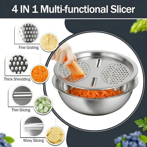 3 Pcs Multifunctional Stainless Steel Grater Bowl Set, 30 cm/11.8 in Large Mixing Basin, Colander for Kitchen Food Prep, Versatile Grater Lid, Induction Cooktop Compatible by Varku - Image 3