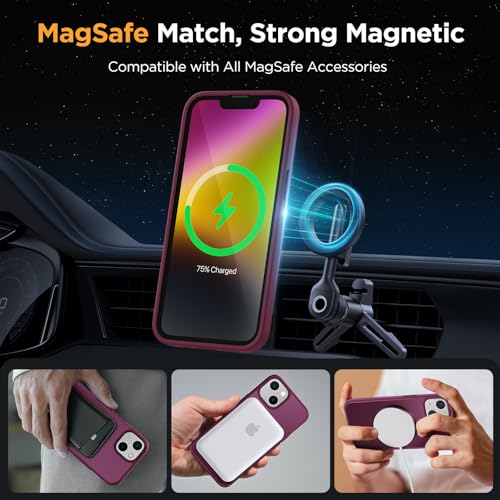 Image of Miracase Magnetic for iPhone 14 Case 6.1 inch (Compatible with MagSafe)(with 2X Screen Protectors) Military-Grade Protection, Anti-Fingerprint Translucent Matte Phone Case Cover, Wine Red