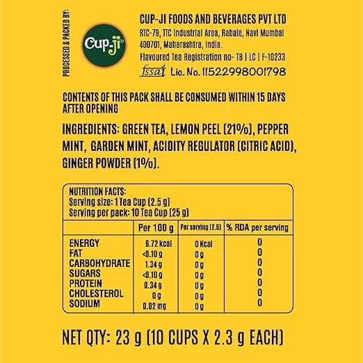 Image of Cup-Ji Lemon Ginger Green Tea | Rich in Vitamin C, Boosts Metabolism with Ginger & Mint | Non-Bitter, Tasty Whole Leaf Green Tea | Support Hair & Skin |10 Cups with Each Cup Size 210 ml | Pack of 2