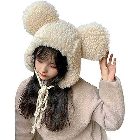 Cute Animal Earflap Warm Hat Winter Fleece Hooded Hat Cartoon Bear Fluffy Bobble Beanie Cap Windproof Coldproof Earmuffs Full Hood Hat for Women Girls Beige Cover