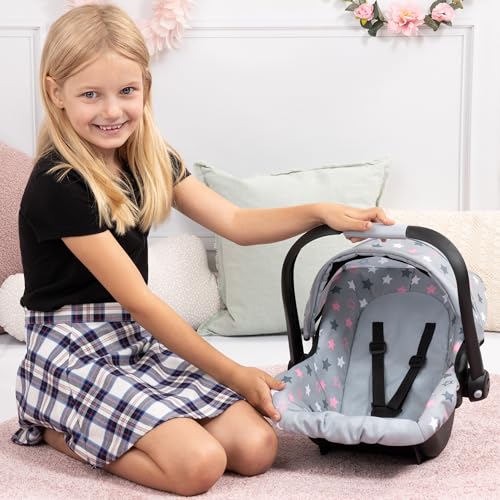 Bayer Design 67907AA Puppenautositz EasyGo, Puppensitz, Puppenzubehör, mit Gurt, Dach, verstellbarem Griff, Grau, Sterne