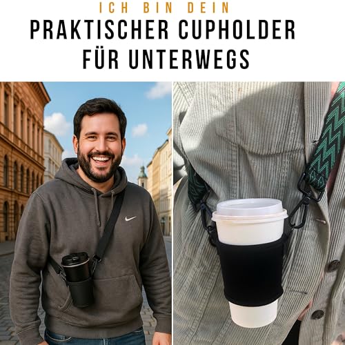 80 Oak Kaffeebecher und Cupholder Set. Becherhalter und Thermobecher zum Umhängen. Getränkehalter aus Neopren mit verstellbaren Schultergurt (Schwarz, Muster Grün)