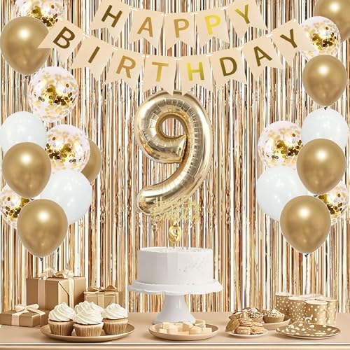 Image of Trgowaul 9th Birthday Decorations for Girls, Banner, Sash and Crown, Cake Topper, 9 Number Balloon, Fringe Curtains, Champagne Gold 9th Birthday Party Supplies
