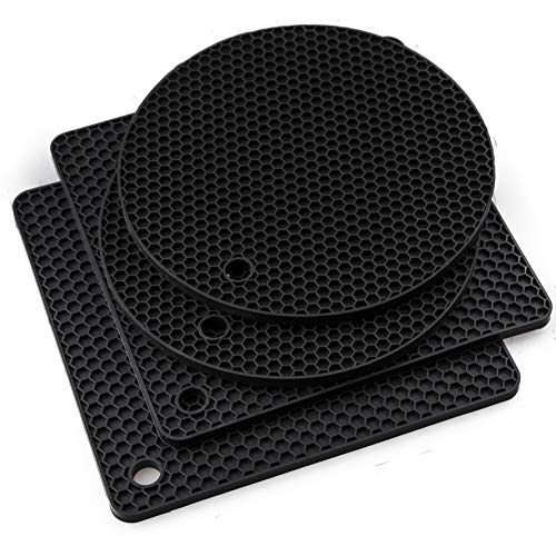 New Arrivals Silicone Trivets Set, Heat Resistant Trivets, Hot Pads, Hot Mats for Pots and Dishes, Counter Top Protector and Siliron Spoon Rest Round 2 + Square 2 Black