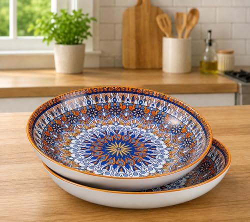Image of Ceramic Serving Plate, Decorative Mandala Design Pasta & Salad Plates, Deep Dinner Plate for Snacks, Fruits, Soup & Serving, Blue Orange Patterned Kitchen Tableware (Mandala PATTERN, PACK OF 2)